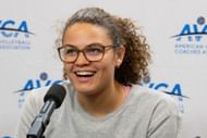 Rebekah Allick meets with the media following the match against the Stanford Cardinal. (Photo by Steven Branscombe/Getty Images)